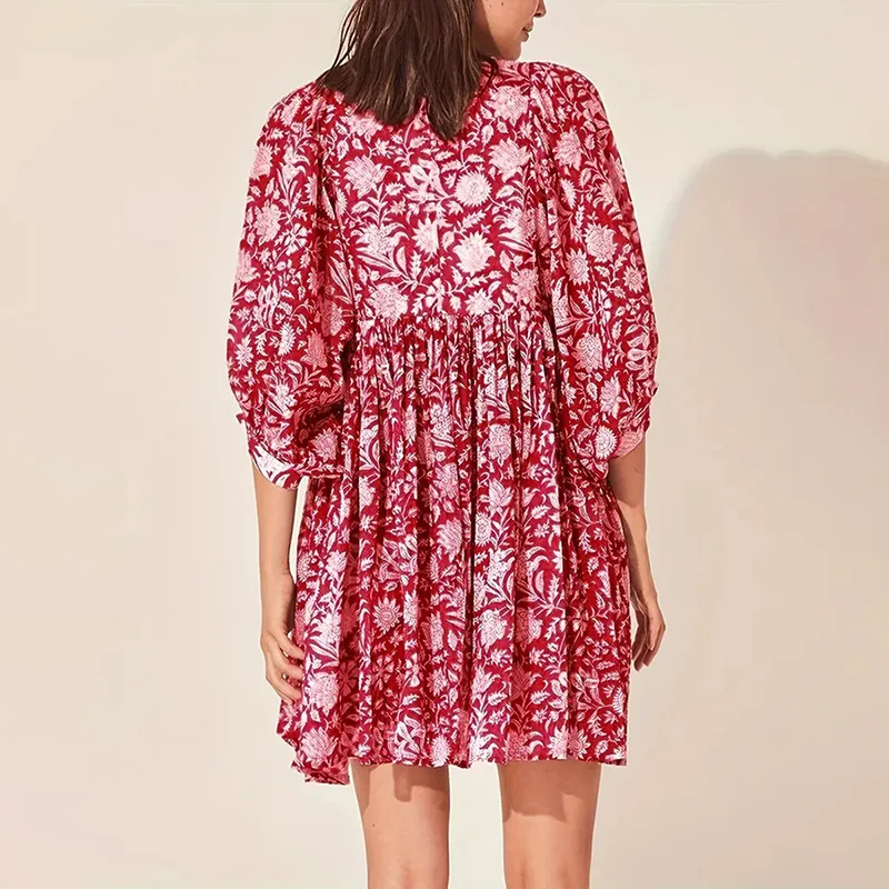 2024 Spring Oversized Holiday Dress V Collar Half Sleeve Loose Midi Dress Large Size Casual Printing Long Dress Boho
