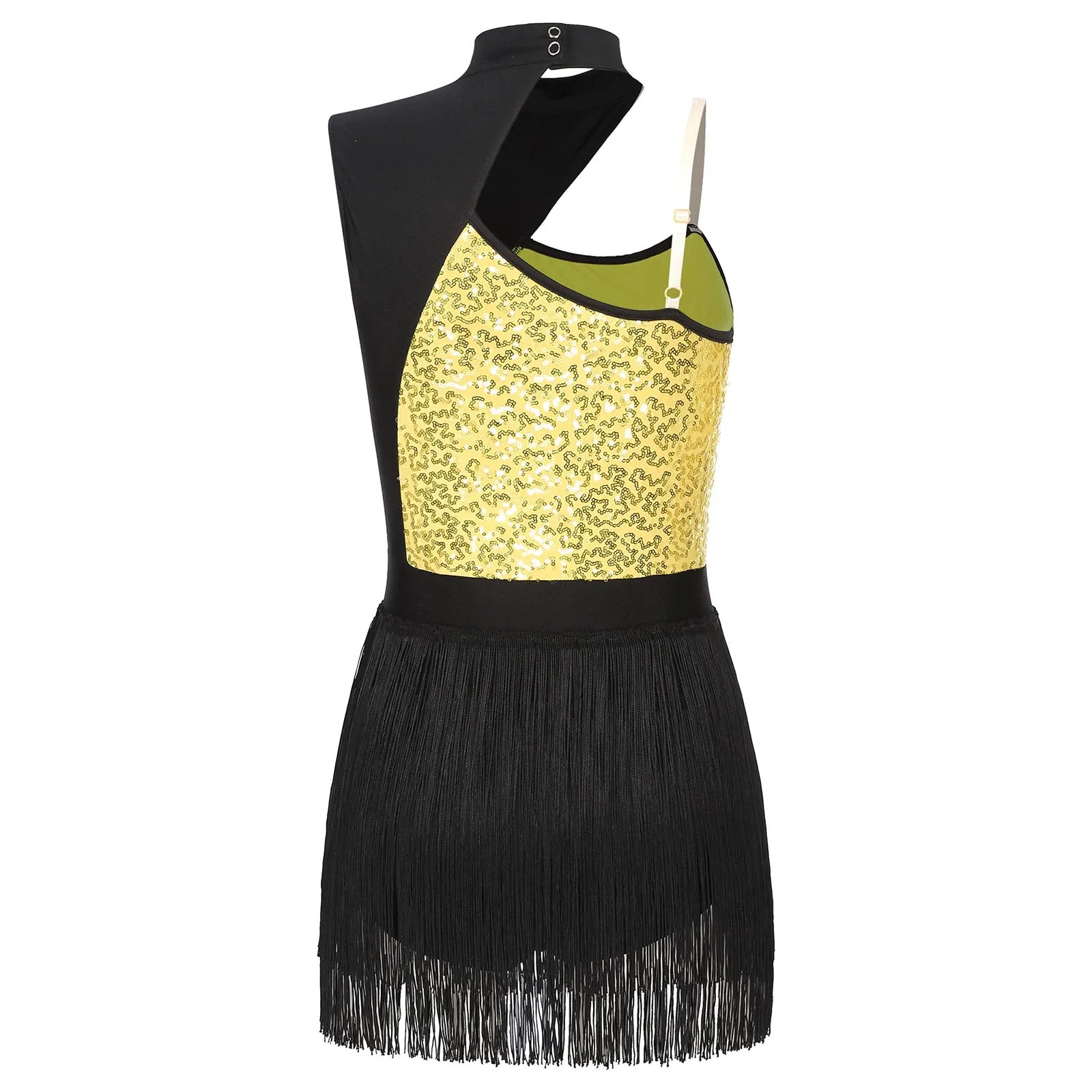 Womens Glittery Sequins Figure Skating Dance Costume Latin Tango Rumba Dance Dress Fringed Leotard Performance Clothes