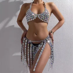 Colorful Crystal Bralette Chest Bra Chain Body Chain Women Sexy Shiny Gemstones Tassel Waist Chain Festival Nightclub Body Jewel