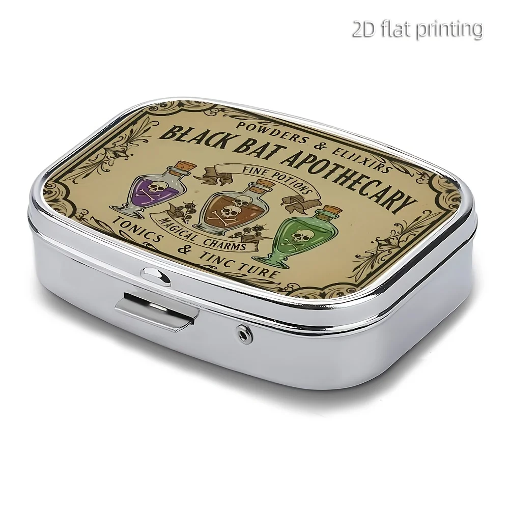 Black Bat Pharmacist Bat-Themed Pharmacist Pill Box - Dual Compartment Portable Wallet-Style Pill Box, Decorative Metal Vitamin Storage Box, Suitable for Travel - Ideal Gift