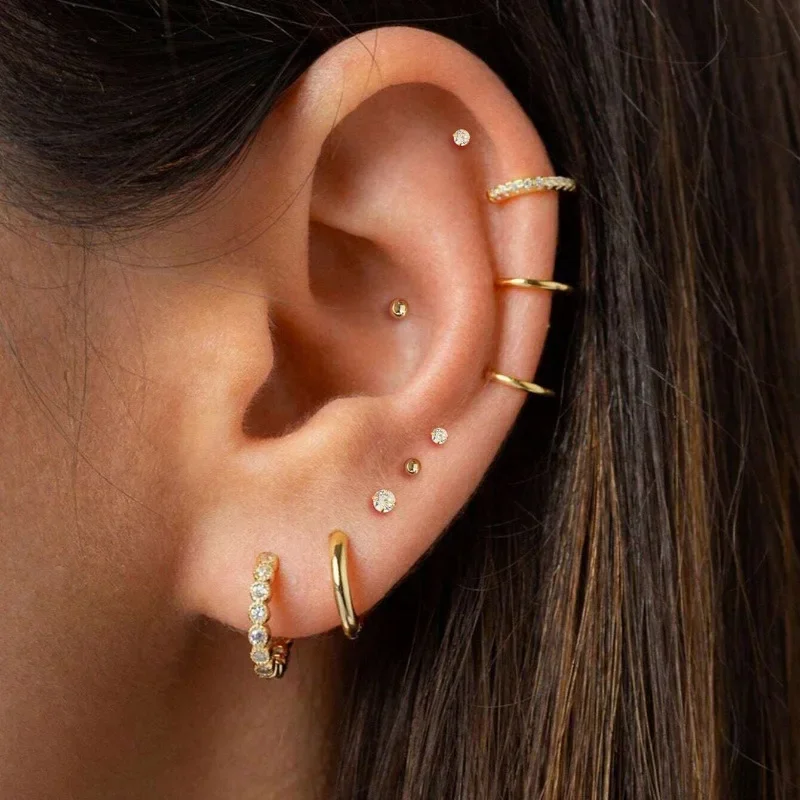 7-10 Piece Set Small Gold Hoop Stud Earrings for Women, 18K Gold Plated Tiny Stainless Steel Earrings Sets for Multiple Piercing