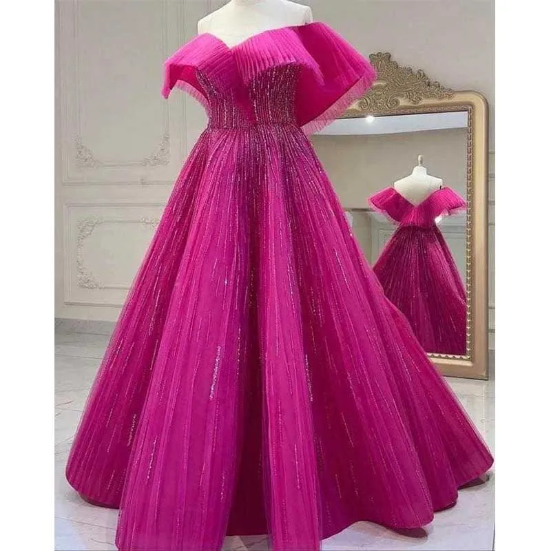 

New Arrival Off The Shoulder Rose Red Beaede A-line فساتين السهرة vestidos de fiesta فساتين سهره evening dresses