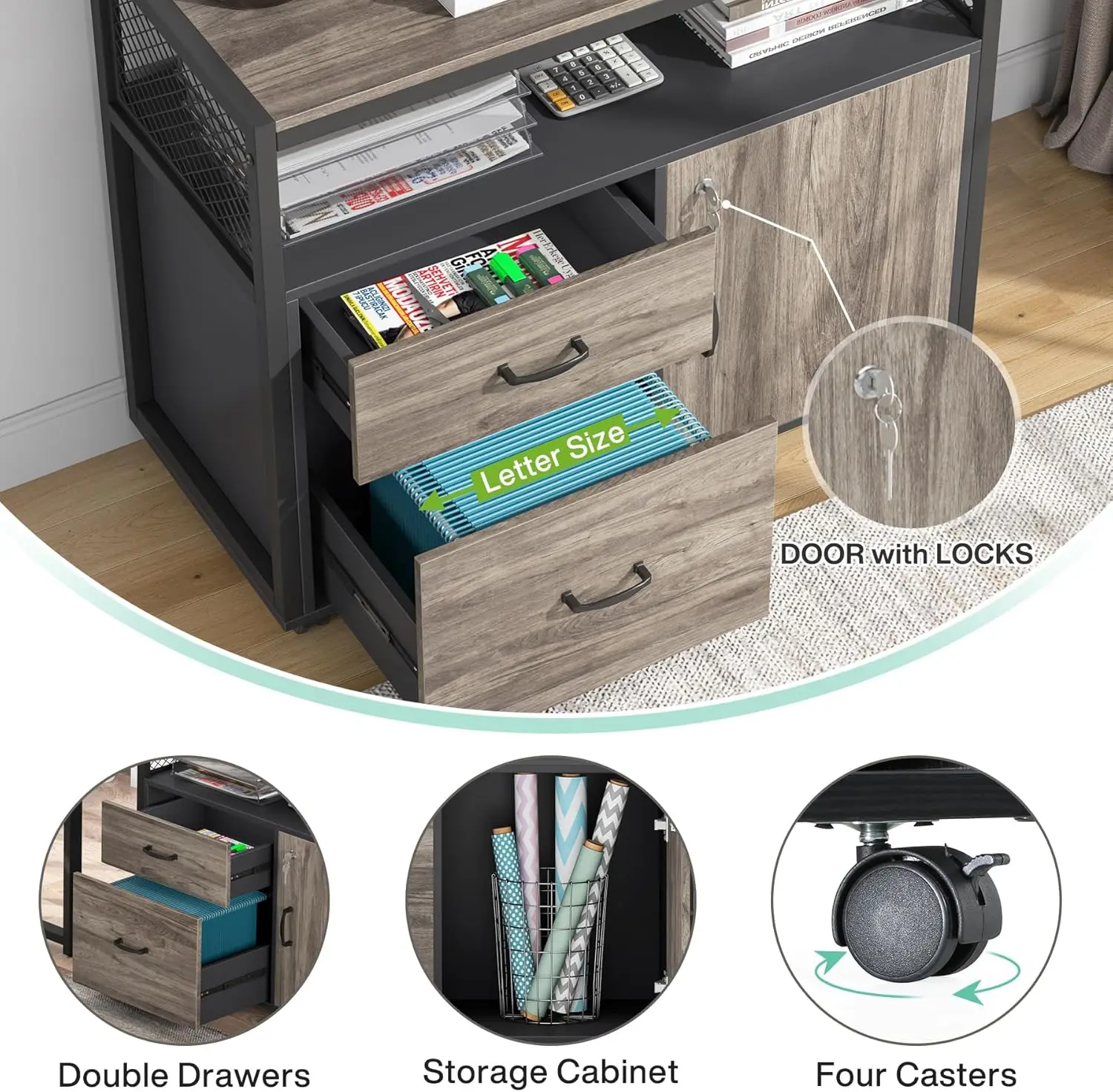 مكتب على شكل حرف L مع خزانة بأدراج، مكتب كمبيوتر تنفيذي مقاس 55 بوصة، رمادي