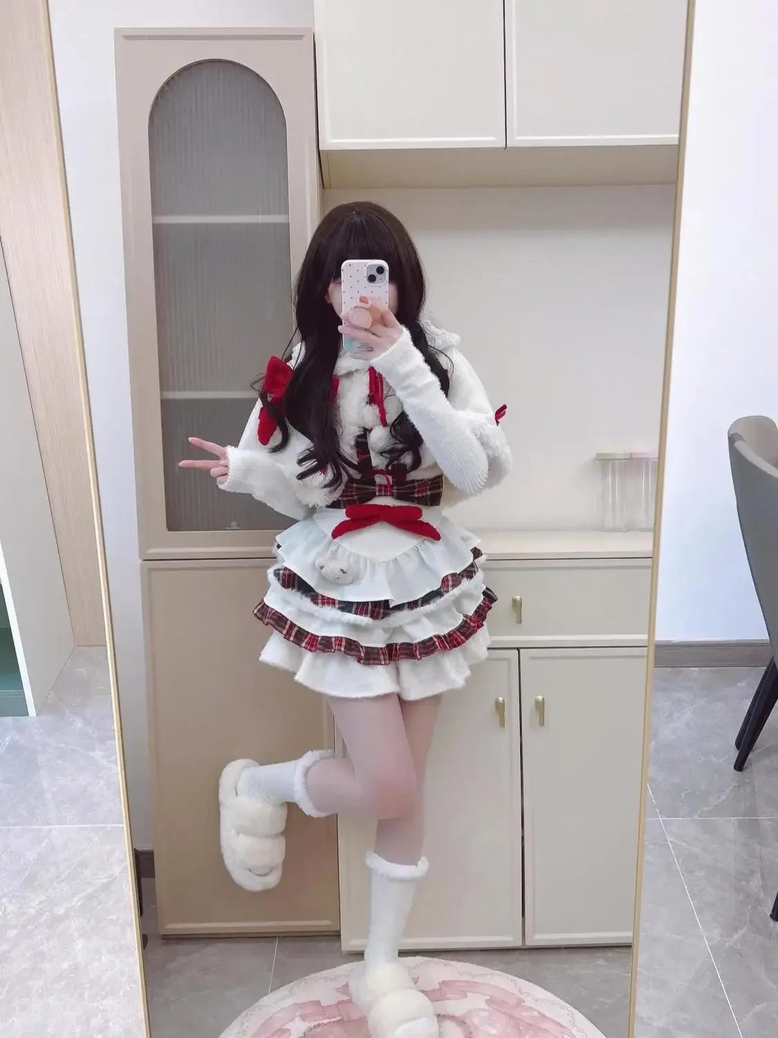 

Winter Plush Patchwork White Cape + Slim Waist Dress + Oversleeve Christmas Costumes 3 Pcs Sets Sweet Girl White Dress Suits