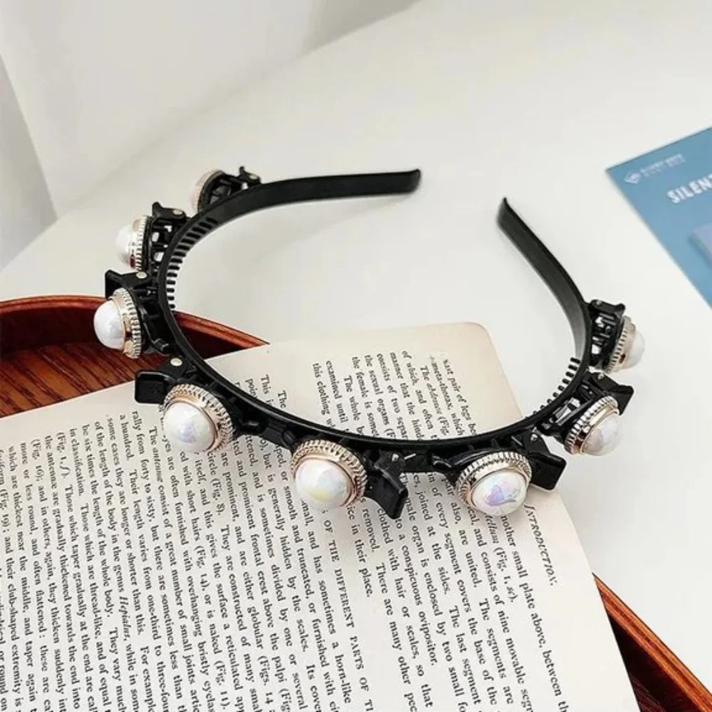 Diadema trenzadora de pelo con diamantes de imitación para niñas, aros para el pelo, herramientas trenzadas con flores y perlas, diadema para lavar la cara, diadema dentada
