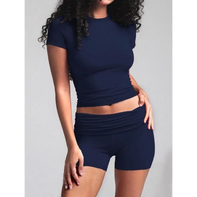 Conjunto de Top de manga corta y pantalones cortos plisados de cintura alta para mujer, talla grande 1XL-5XL, Color sólido, informal, cómodo, cuello redondo