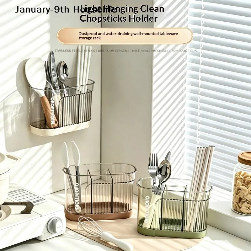 Plastic Wall Mount Utensil Holder for Chopsticks Forks Spoons with Drain Board Modern Kitchen Organization 20x10x13.8cm