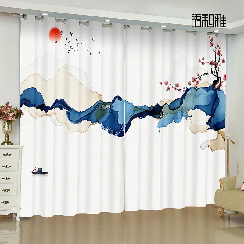 Custom Chinese cortinas Curtain Fabric Transparent Landscape Flower Bird Plum Blossom Bedroom Living Room Window Curtain 2panels