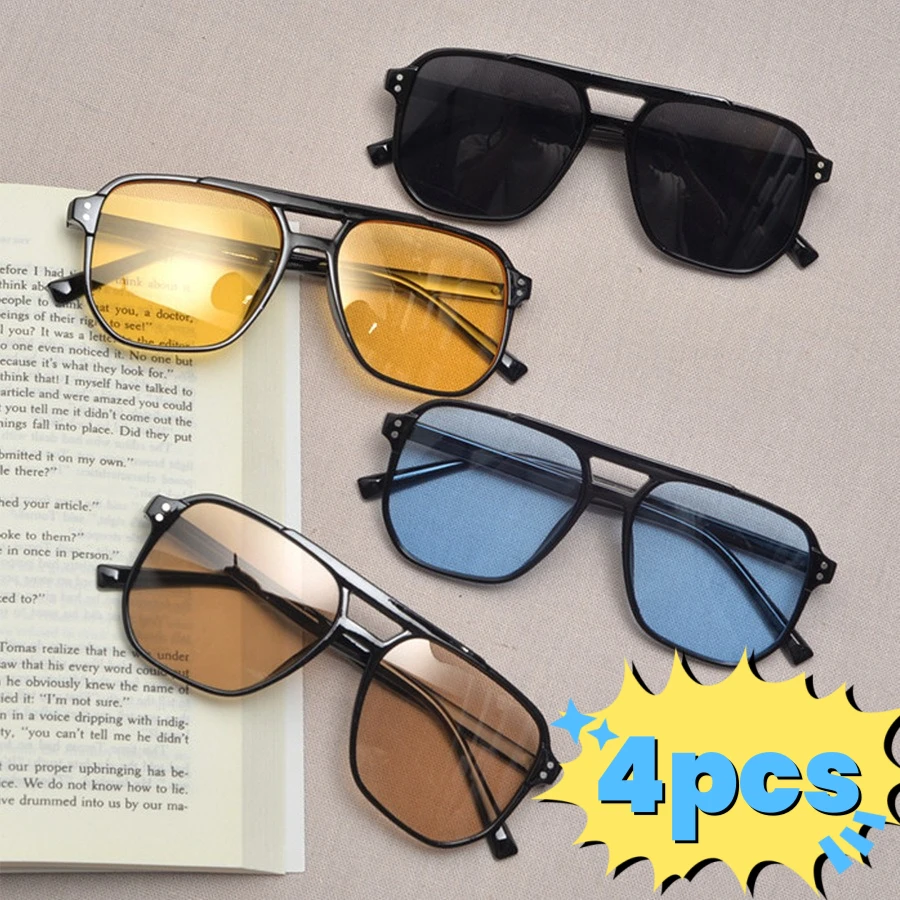 4PCS Vintage Men Women Big Sunglasses Men Square Shades Brand Designer Unisex Sun Glasses Black Lense Male Female UV400 Eyewear