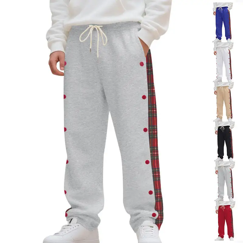 Men's Spring Autumn Plaid Casual Pants Pure Color Buttoned Straight Leg Trousers with Rope Waist Design Neutral All Seasons