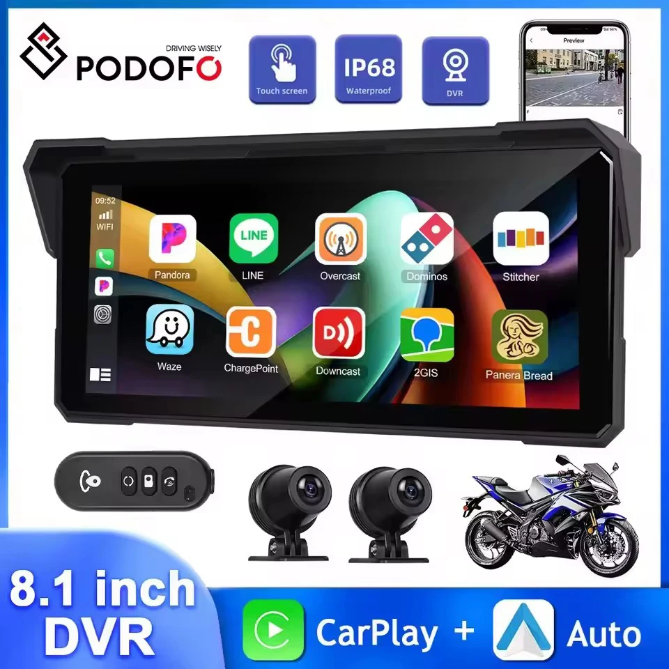 

Podofo 8,1-дюймовый мотоциклетный портативный смарт-плеер Carplay Android Auto двойные камеры IP68 водонепроницаемый WIFI эквалайзер звуковая петля запись DVR