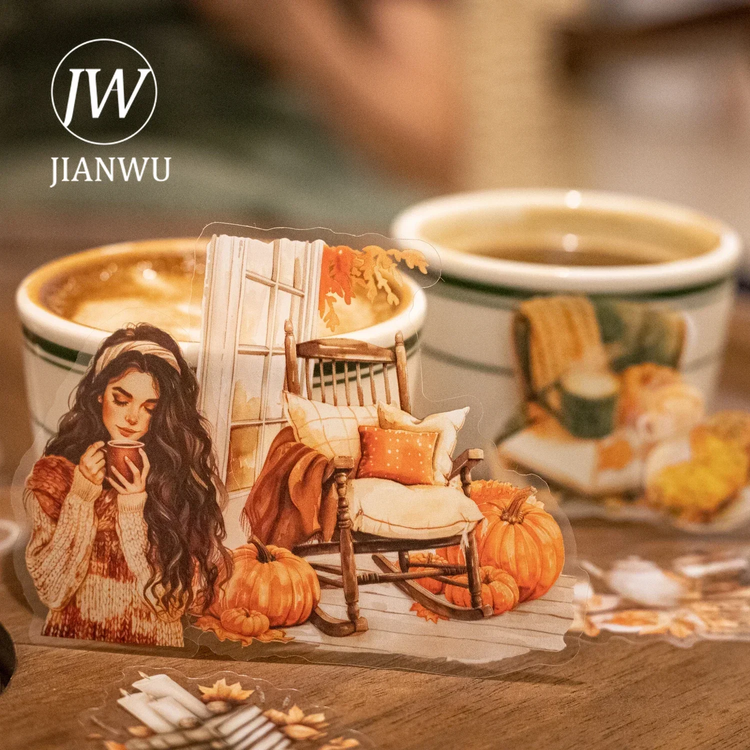 JIANWU Time with Coffee Series Vintage Character Landscaping Material Collage PET Sticker Creative DIY Journal Stationery