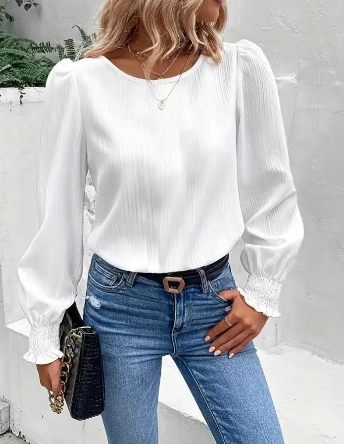 Women Fashion Blouses 2024 Spring Autumn Latest Minimalist Long Sleeved Solid Color Shirt Elegant Style Round Neck Top Pullover