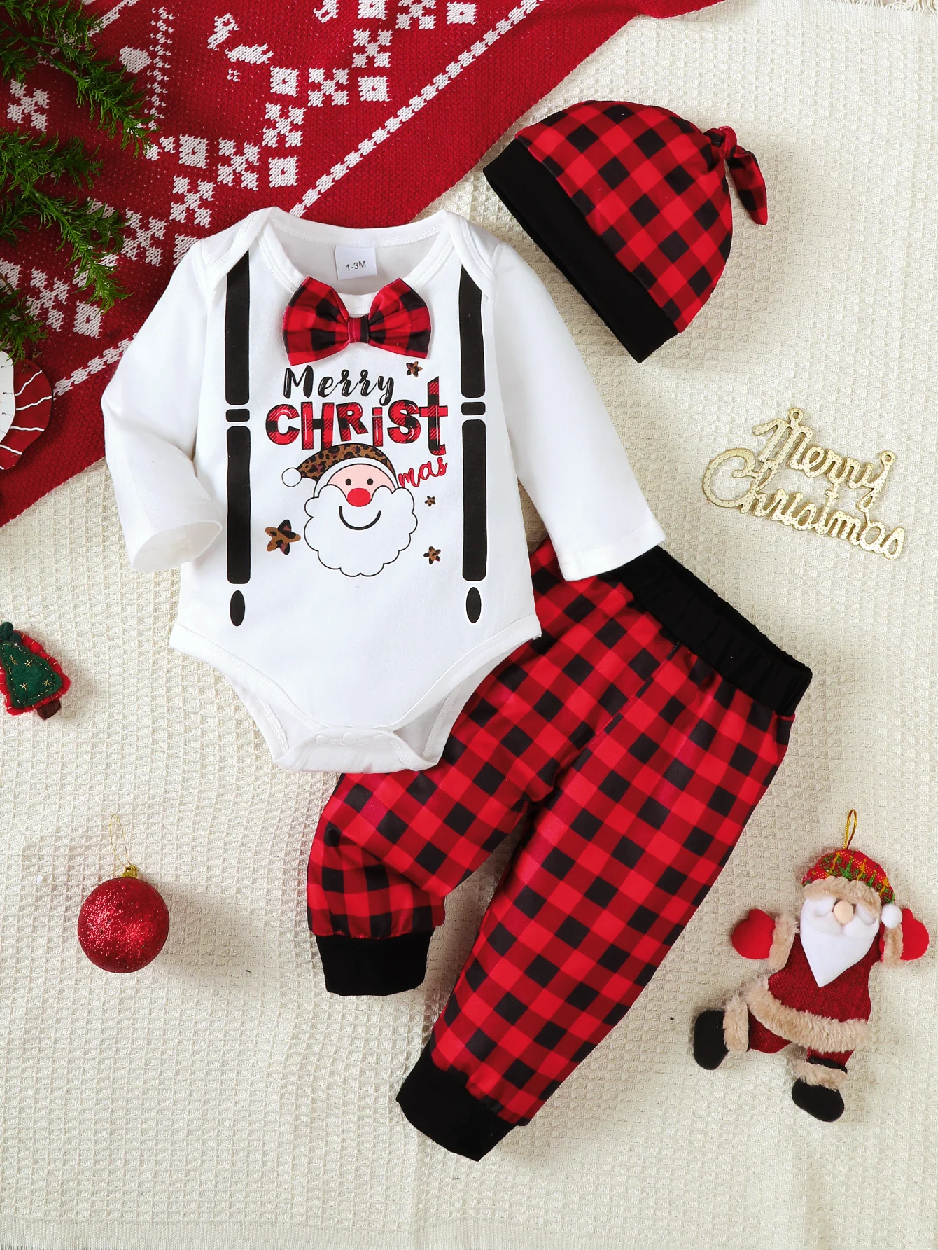 Cute Autumn Christmas Print Long-Sleeve Romper Set for Baby Boys, Santa Claus Print Bow Tie Onesie with Red and Black Plaid Jogger Pants Paired with a Plaid Hat, Christmas Holiday Outfit Set