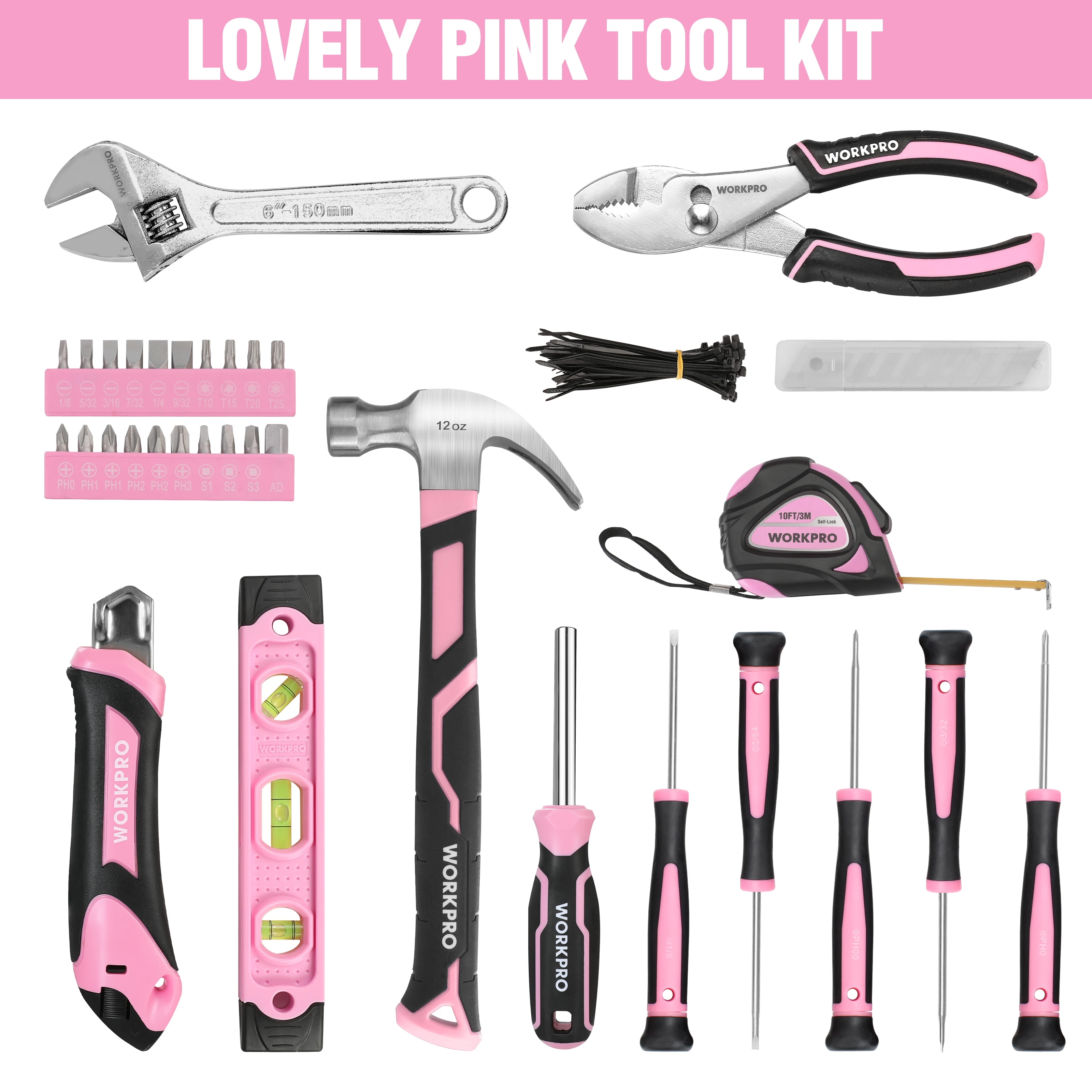 WORKPRO Pink Tool Kit - 236 Pieces Pink Tool Set with Easy Carrying Round Pouch, Household Tool Kit Perfect for DIY, Home Mainte