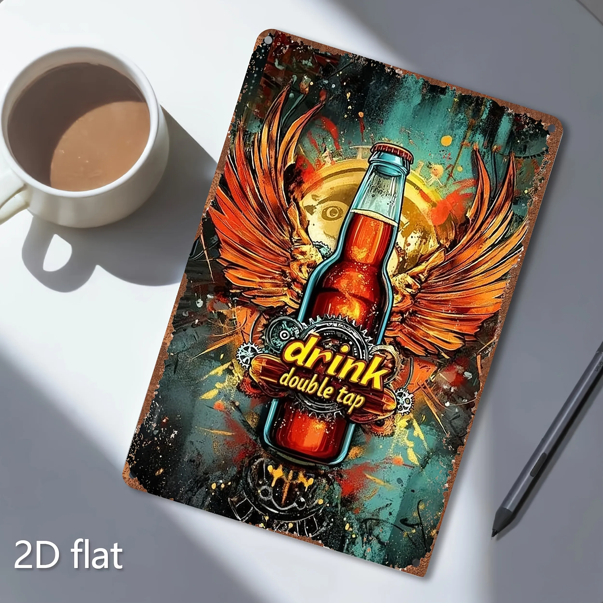Wall Decor, Seasonal Wall  Vintage Beer Bottle Wall Art with Wings and 'Drink Double Tap' Text- Tin Metal Tin Sign Suitable for