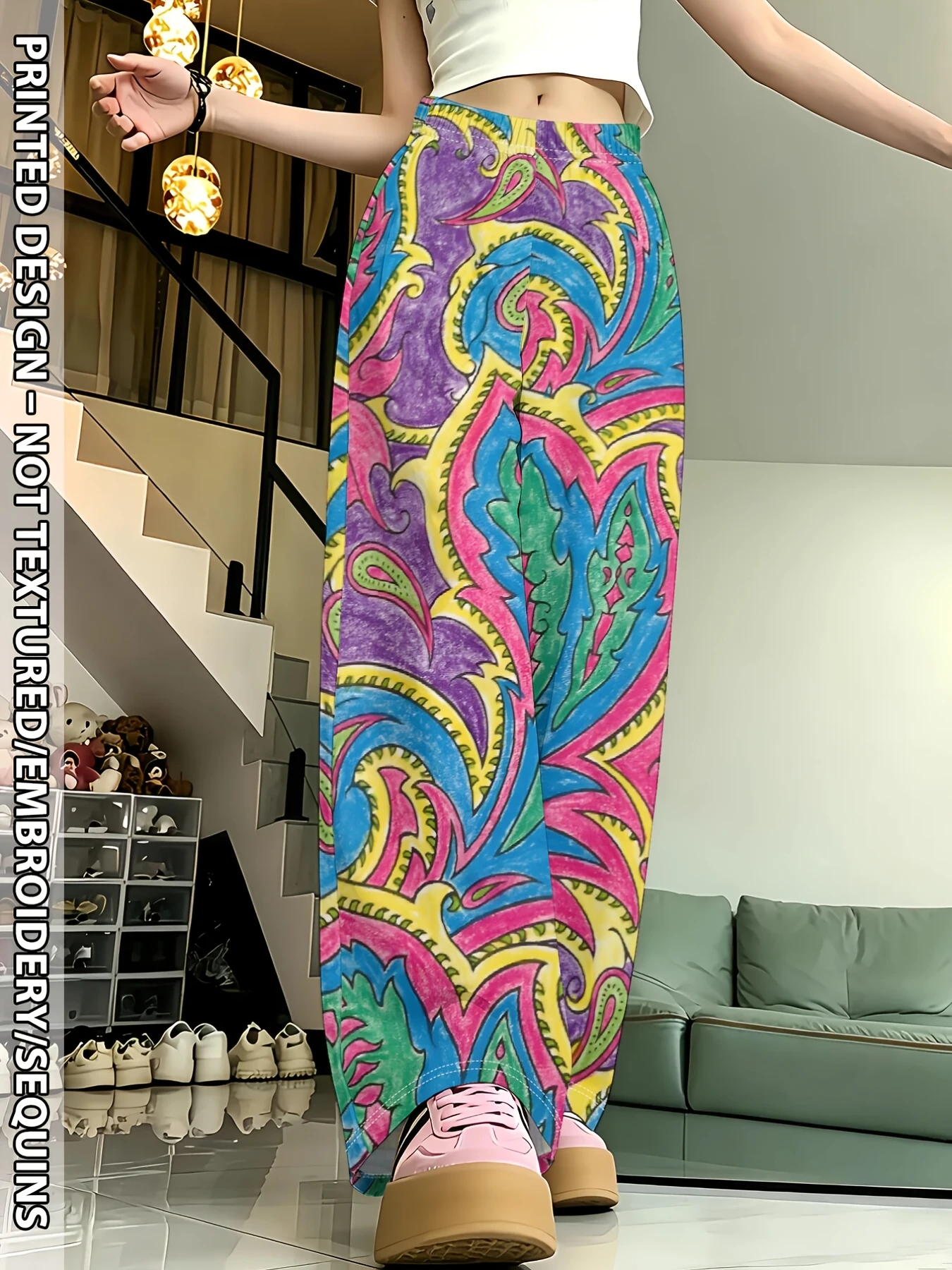 Bohemian Paisley Printed Wide Leg Pants for Women, Loose Hanging Casual Pants for Vacation Beach and Street Photography