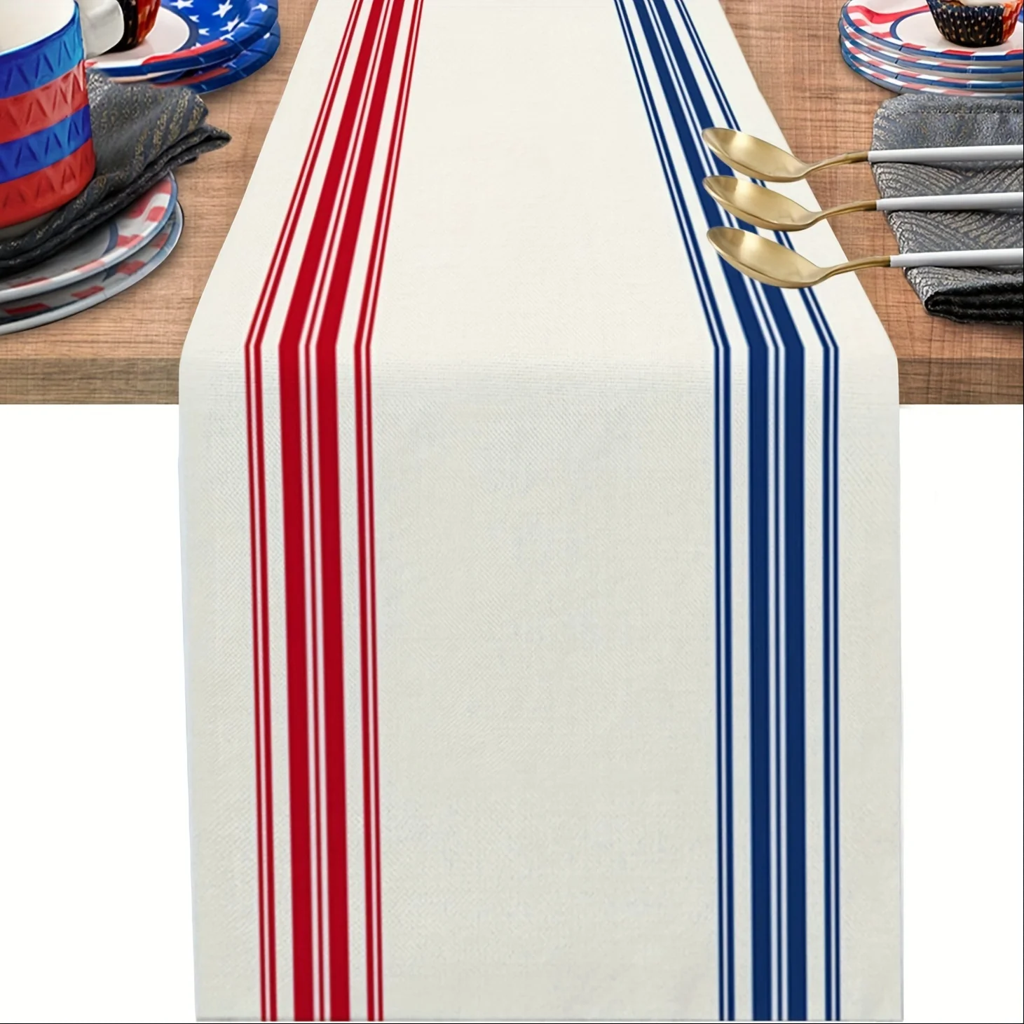 1pc Independence Day Red Blue Stripes 4th Of July Cotten Line Patriotic Table Runner Simple Graphics Burlap Table Cloth Runners