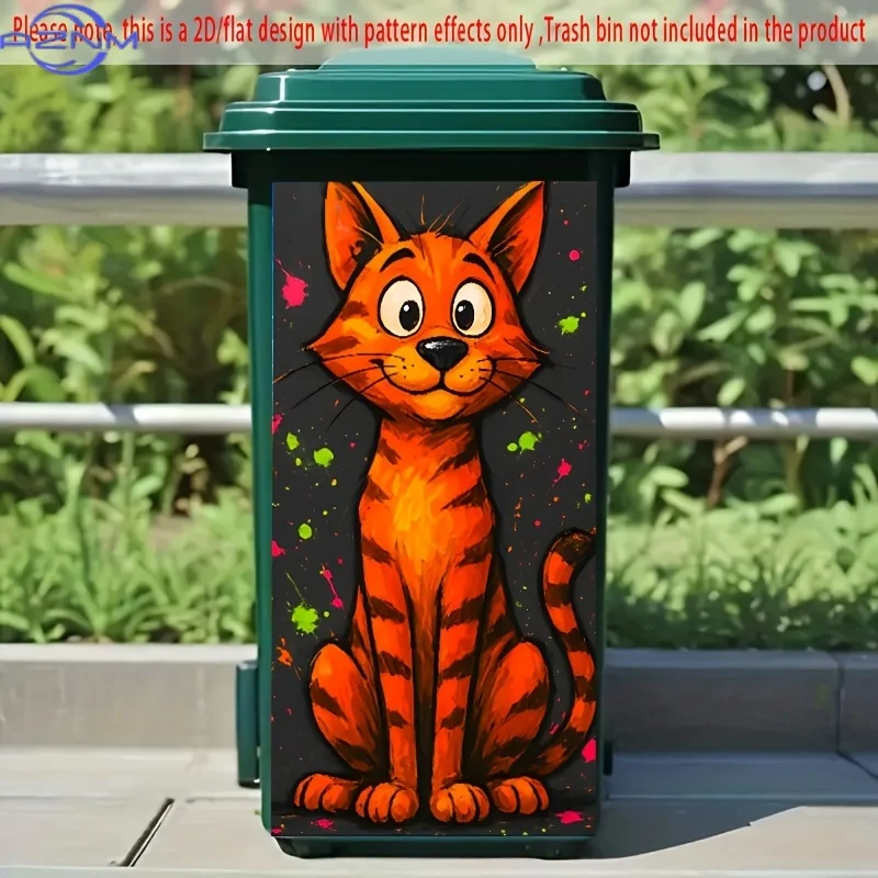 1pc Playful Orange Cartoon Cat Trash Can Sticker, .01x81.99 cm - Vibrant PVC Design with Green Lid, Perfect for Kitchen, Bathr