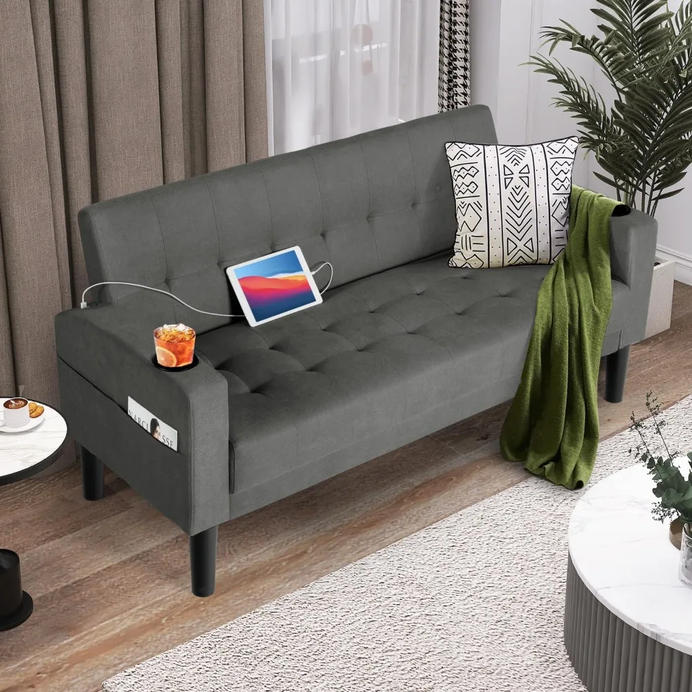 مقعد Loveseat من قماش الكتان معنقدة حديثًا مع منافذ USB وحاملات الأكواب وجيوب جانبية للجلوس المريح