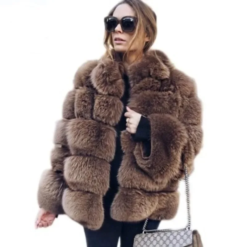 Haining Fox Fur casaco para mulheres, manga comprida, curto, gola redonda, cinto, versão coreana, cardigan, imitação de pele Fabricante