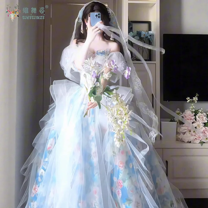 Azul gracioso inchado vestido de festa à noite flor renda aniversário rave outfit adulto cerimônia palco perfermance bonito fantasia traje