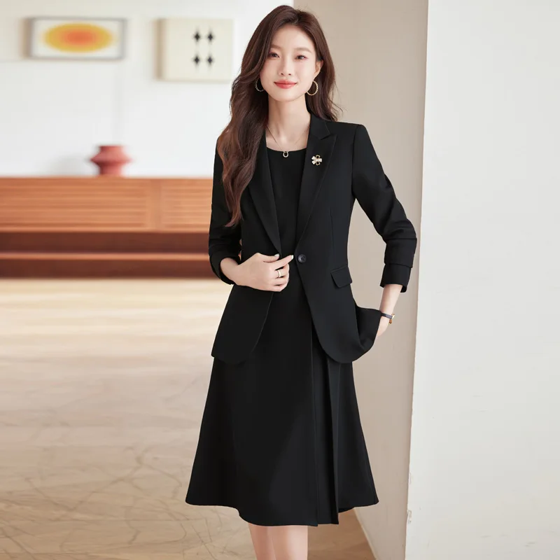 Office Suit Women Blazer + Midi Sleeve Suit Dress Set Elegant 2-piece Fall Winter New High-quality Executive Lady Workwear Suit