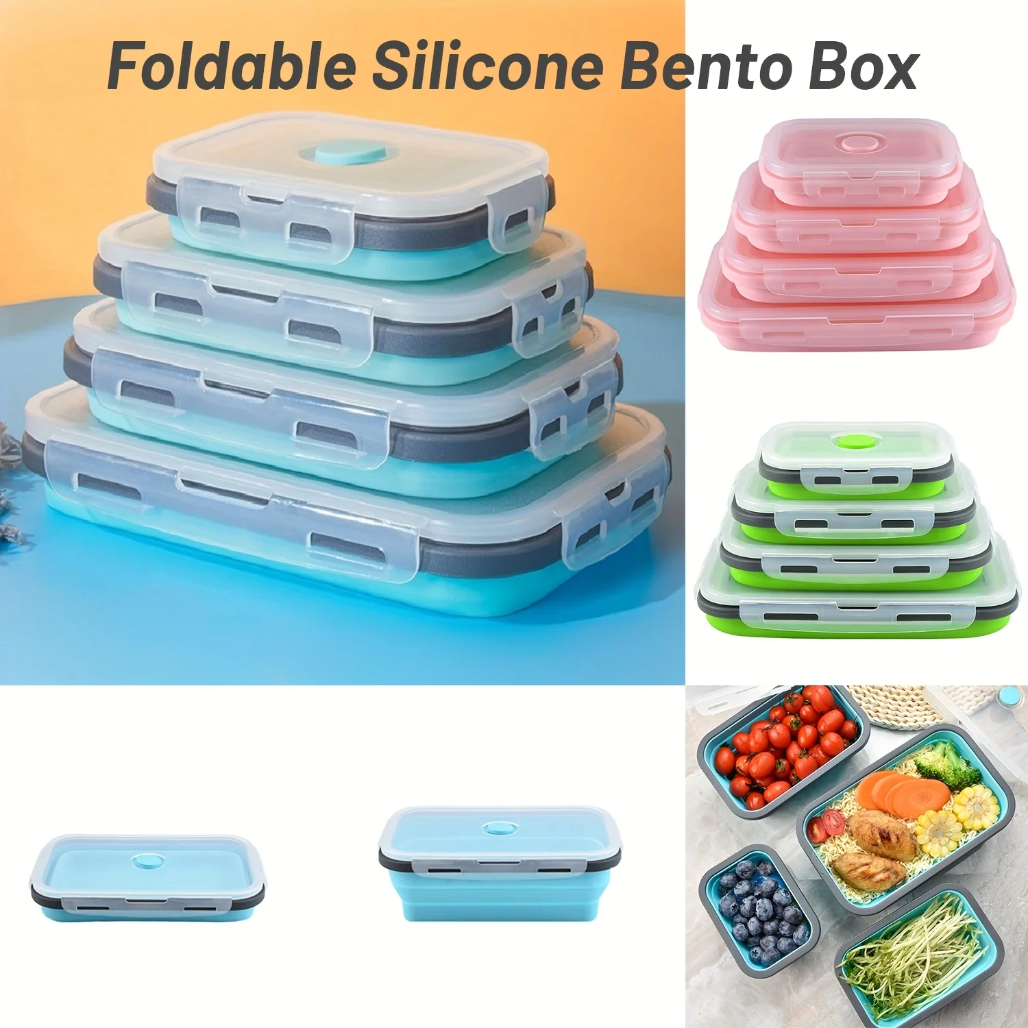 4-Size Collapsible Silicone Bento Box Set - Microwave & Freezer Safe Rectangular Food Containers for Camping,