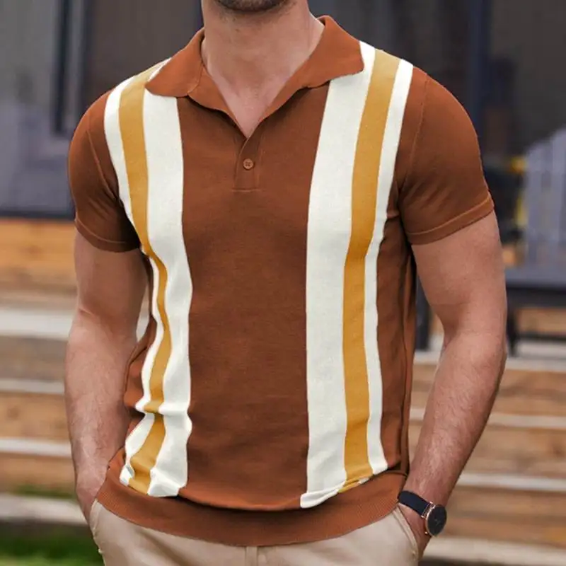 

Men's Summer Busin Casual irt ort Sve Knitted Floral Embroidery Striped T-irt Stand Fit Youth Faion