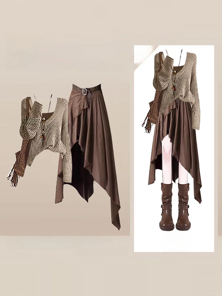 

Fall Winter Retro Hollow out Top And Skirt Set for plus Size Women Irregular Hemline Post-Apocalyptic Style Fashionable Ensemble