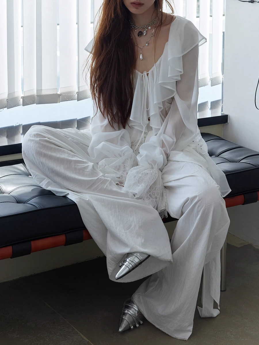 TWOTWINSTYLE – chemisiers amples à volants épissés pour femmes, col carré, tunique à manches longues, chemises de tempérament, mode féminine, nouveau
