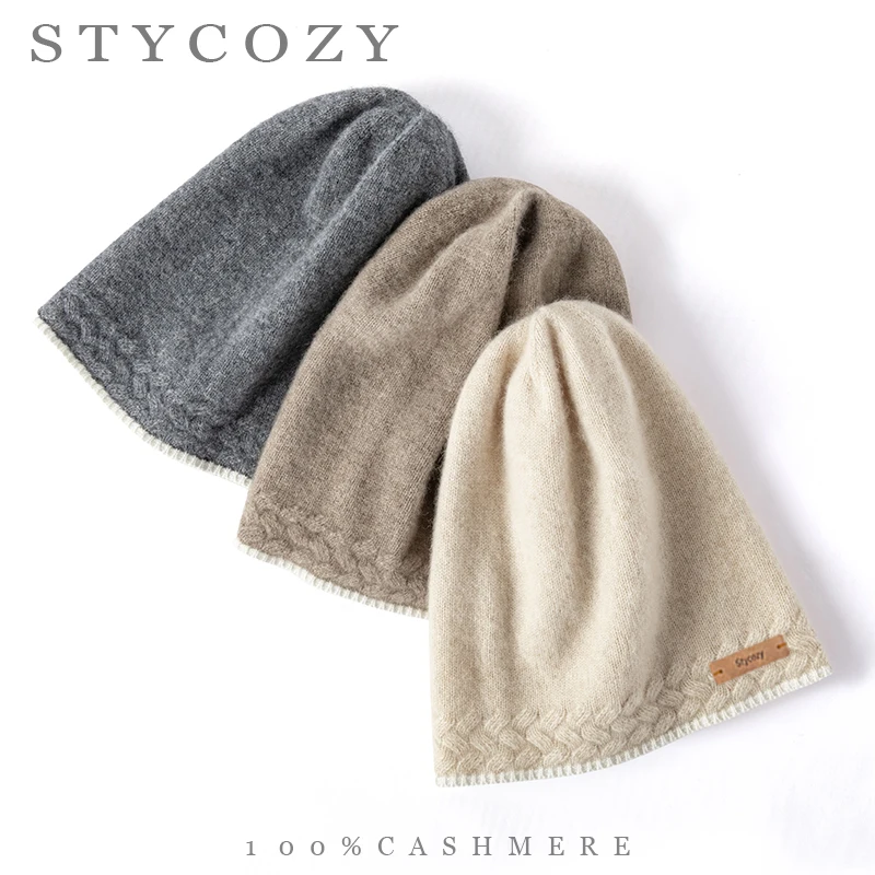 100%Cashmere Slouchy Uncuffed Beanie Heather Braided Knit Trim Contrast White Edge Hat Soft Luxury Winter Daily Commute Cap