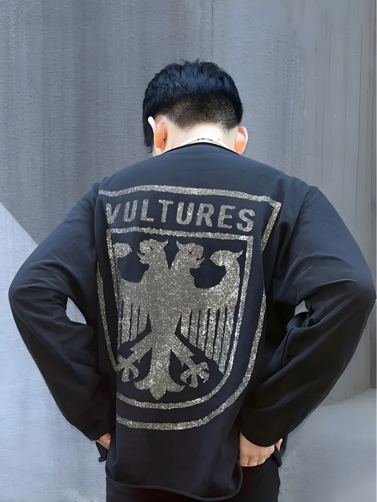 Kanye Loose Fit Long Sleeve Men's T-Shirt American Style Bald Eagle Graphic Casual Streetwear  Brand Cotton Crew Neck