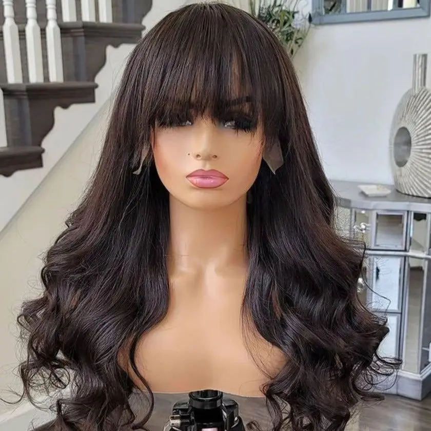 Body Wave Human Hair Wigs With Bangs Full Machine Made Wig 26 Inches Brazilian Remy Human Hair 3x1 Hd Lace Wigs for Women