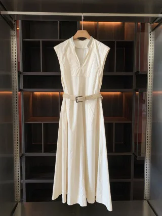 

2025 Women's Clothing Elegant Neckline Beaded Embroidered Braided Belt Waist Dress 0625