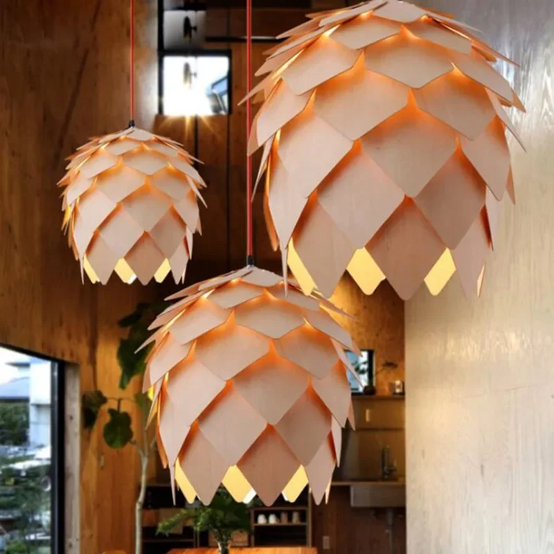 

Modern Art Oak Pine Cone E27 Pendant Lights Art Handmade Smart Puzzle Restaurant Bedroom Bar Cafe Fixtures Luminaire