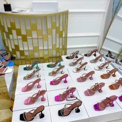 2024 Summer Fashion Square Head Open Toe Rhinestone with High Heel Sandals Wine Glass and Women's Slippers