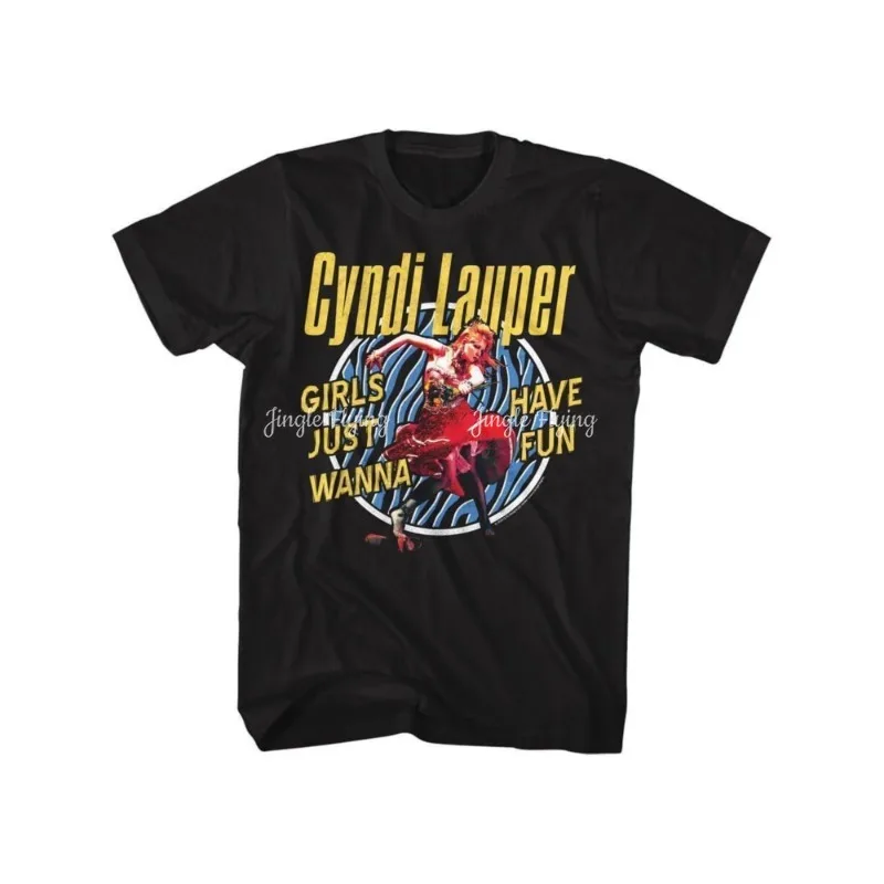 Cyndi Lauper Girls Just Wanna Have Fun-Camiseta Vintage de los años 80, ropa de calle para hombre, Camiseta suave 100% de algodón, negro con gráfico amarillo y rojo