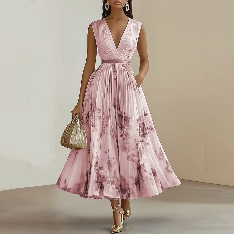 Sexy Deep V Neck High Waist Pleated Dresses Woman Spring Floral Print Hollow A-Line Long Dress Summer Sleeveless Boho Maxi Dress