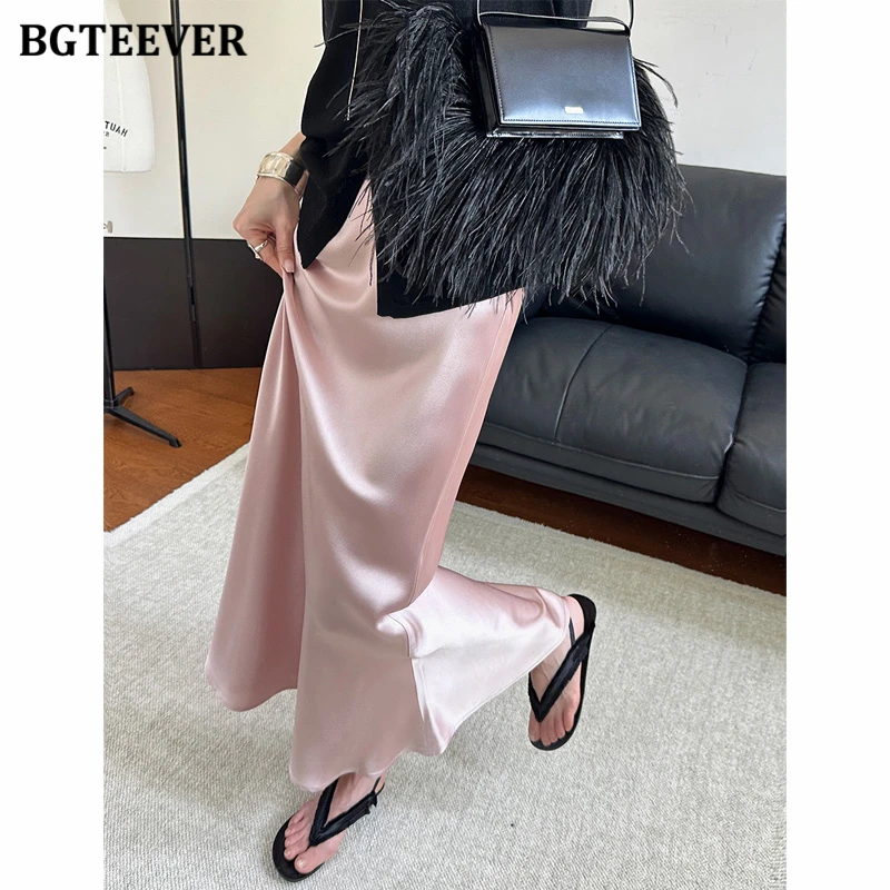 

BGTEEVER Spring Summer Ladies Long Skirts Slim Package Hip Satin Skirts for Women