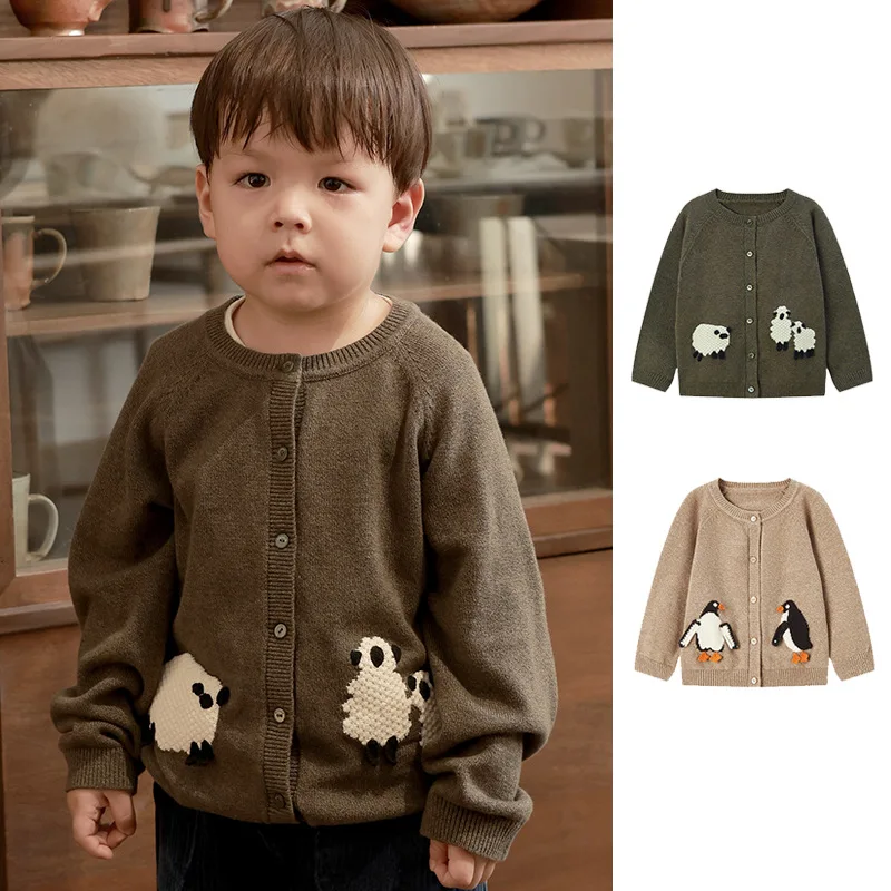 

Children's Cardigan 2025 European and American Spring and Autumn Sweaters Cute Animal Embroidered Jackets Boy Baby Outer Tops