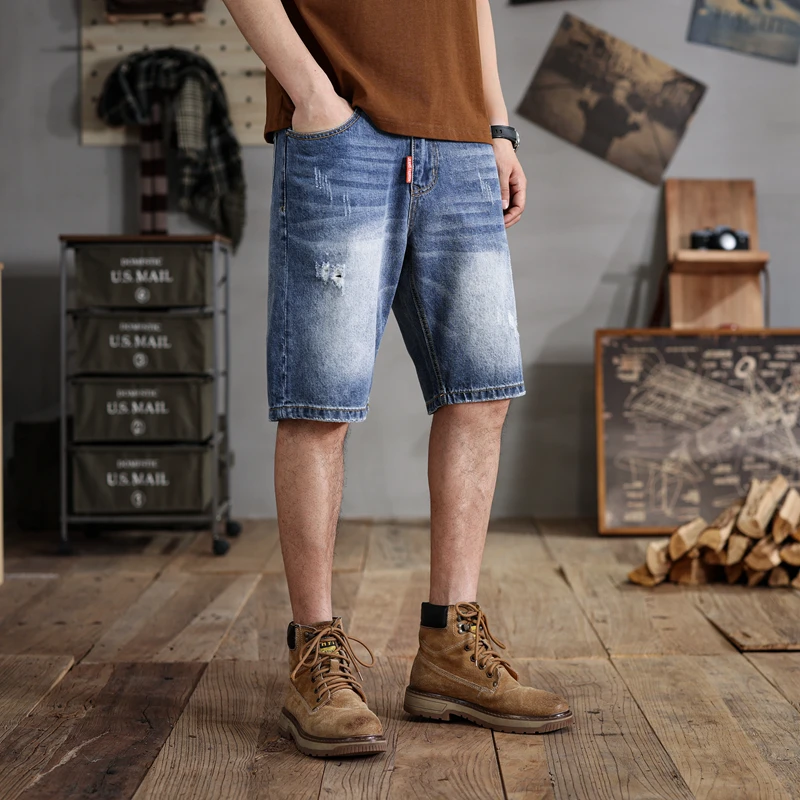 

28-48Size Men's Ripped Denim Shorts Men's Loose Elastic Middle Pants Summer Vintage Trendy Casual plus Size Shorts