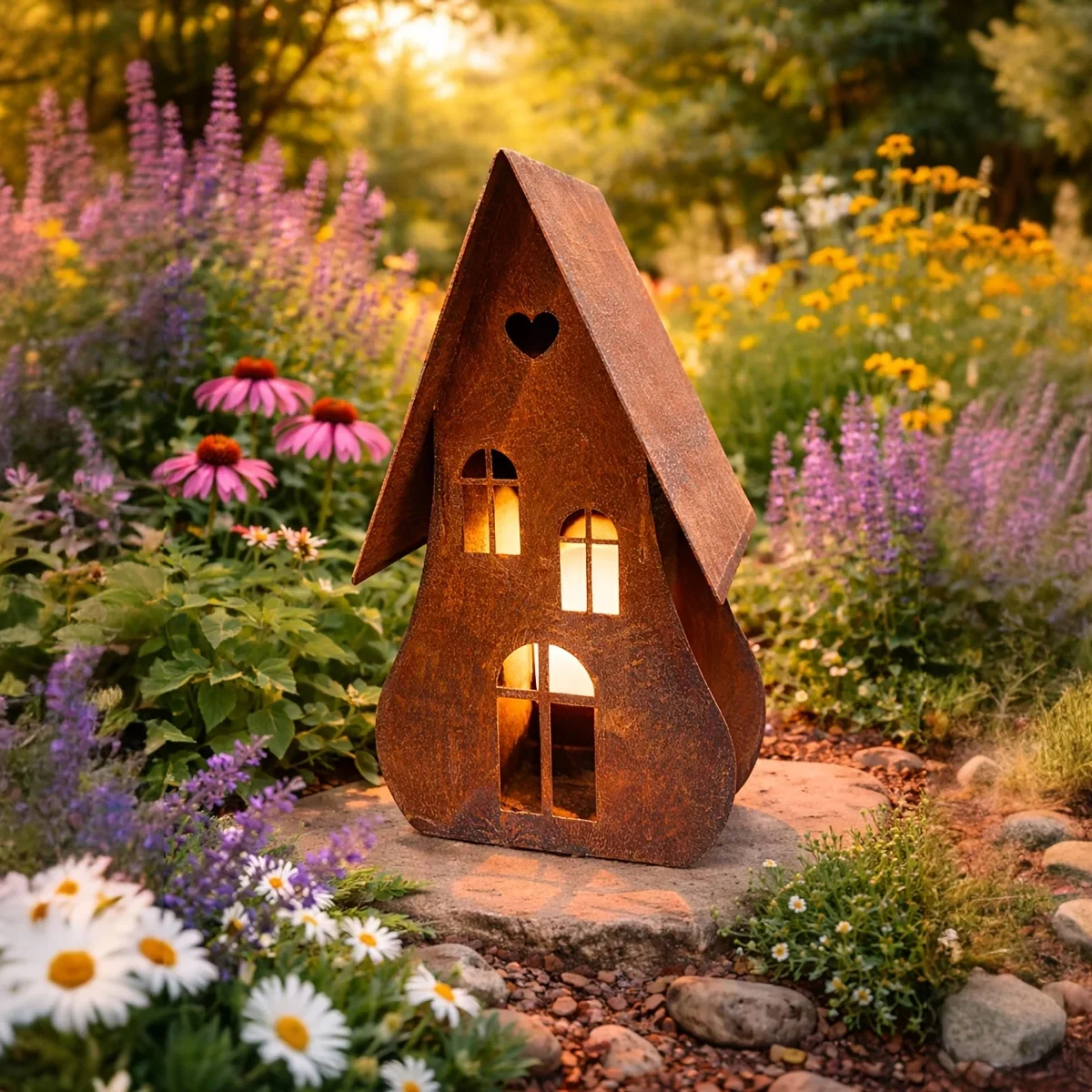 1pc Retro Rusty Metal House Tea G Candle Holder, Weathered Decoration Retro House Shape Outdoor Decoration, Decorative Garden