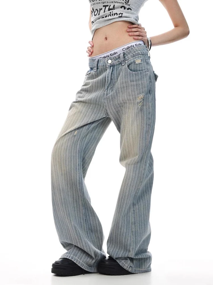 Retro American Washed Denim Jeans Men's Loose High Street Micro Flared Cleanfit Casual Long Trousers Vertical Stripes Hole