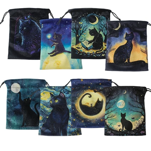 Bolsa de almacenamiento de tarjetas de oráculo de Tarot de terciopelo, bolsa de Tarot de gato negro, dados de runas, bolsa de joyería de cristal, bolsa de uso múltiple, adivinación de bruja