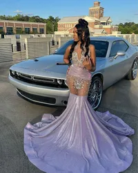 Lilac Purple Mermaid Long Prom Formal Dress for Women Sparkly Diamond Crystal Sheer Mesh Evening Queen Gown robe de soirée