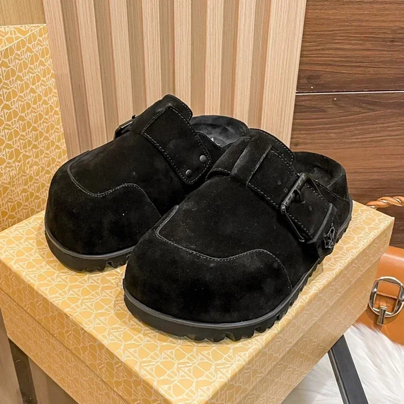 Summer Luxury Cowhide Thick Soled Women's Slippers  Flat Soled Women's Shoes Suede Platform Muller Shoes  Belt Buckle