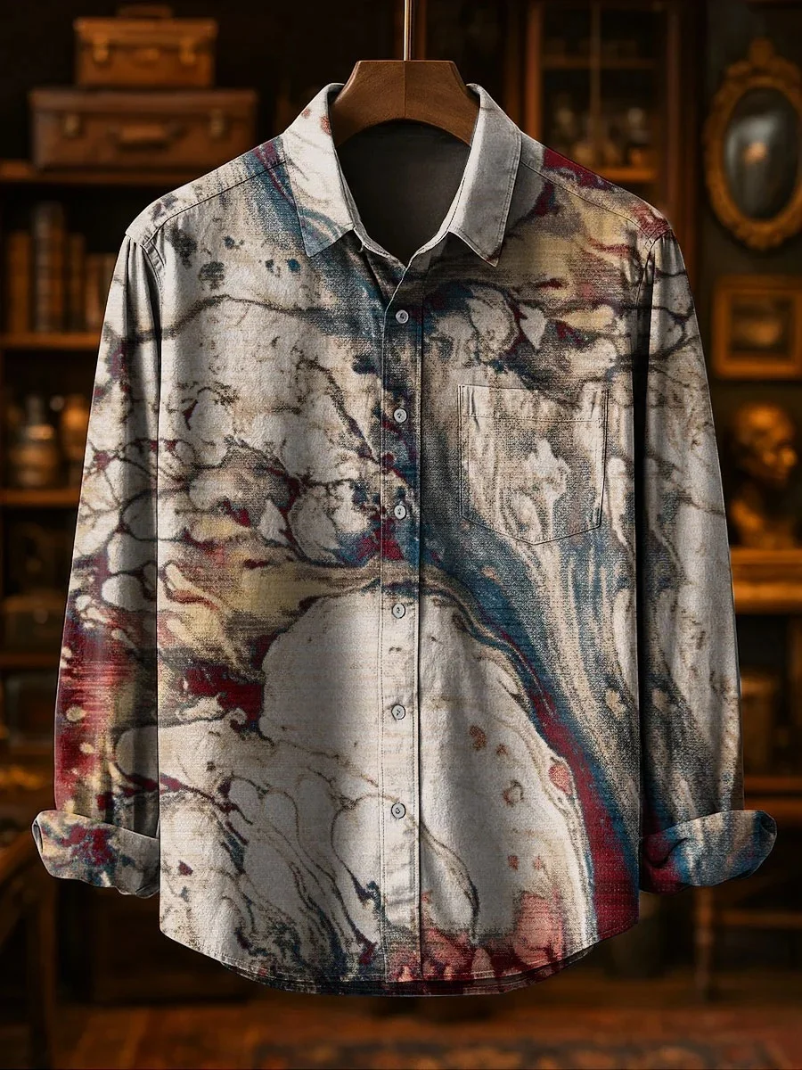 New long-sleeved 3D vintage print shirt, with a comfortable and breathable collar design. Men's and women's button-down shirt to