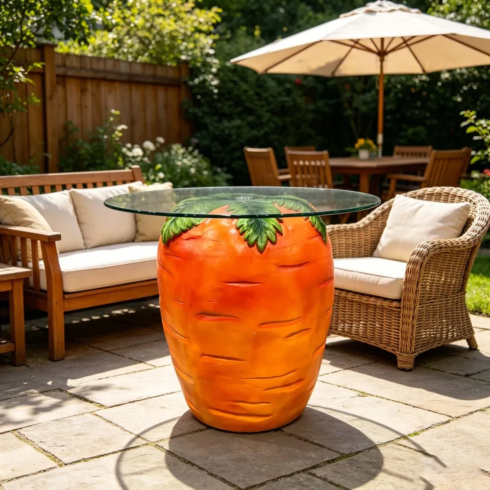 Carrot Shaped Side Table, 16'' Resin Fruit Stool with Glass Top, Novelty End Table for Living Room Bedroom Home Decor