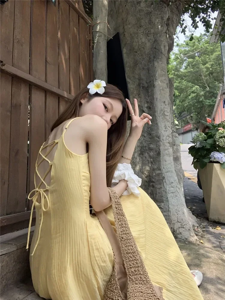 Fashion Summer Holiday Yellow Long Strap Dress Women New Boho Style Backless Beach Dress Seaside Fairy Slim A-line Photo Dress